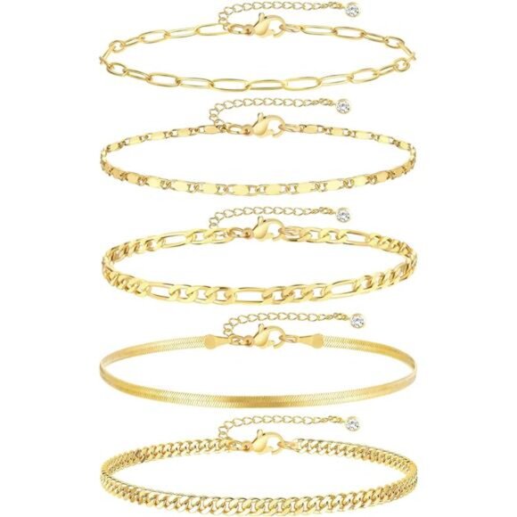 Gold Anklet Set for Women Waterproof Layered Cuban Chain Adjustable Jewelry - Picture 1 of 6